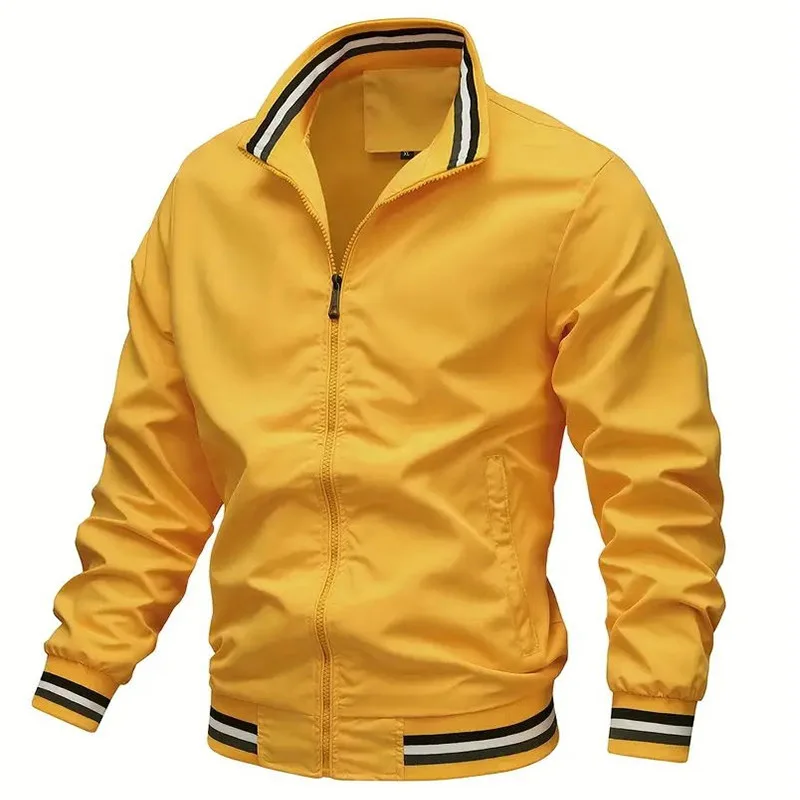 

Men Zipper Jackets Stand Collar Striped Coat Spliced Pockets Sports Long Sleeve Casual Autumn Cardigan Outerwear Loose Fit