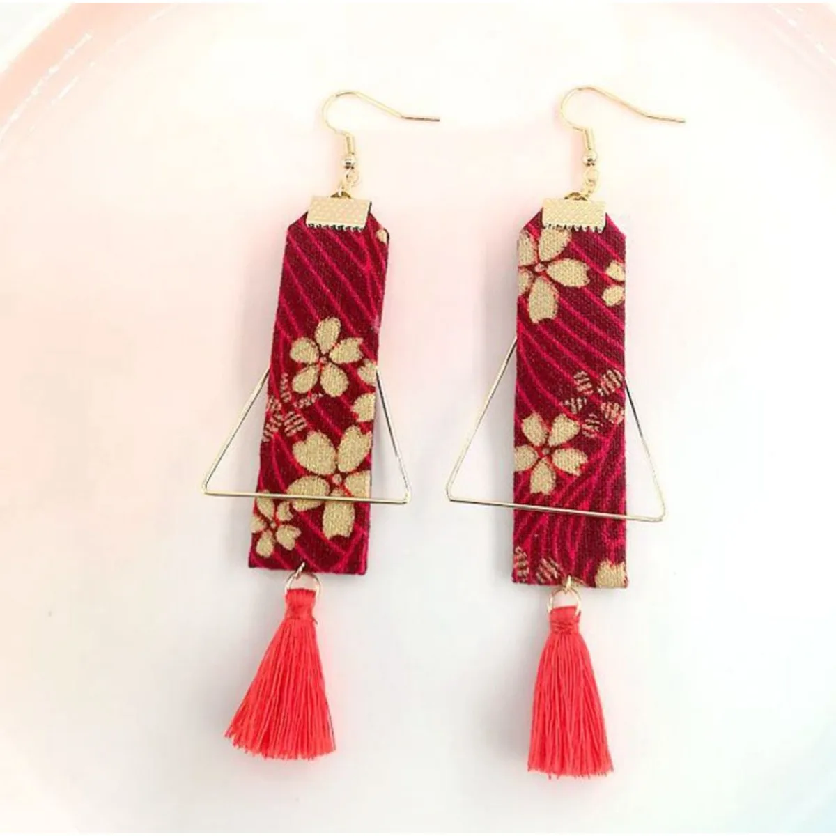 Ethnic Japanese Style Earrings for Women Silver Needle Red Blue Color Handmade Tassel Embroidered Fabric Traditional Jewelry