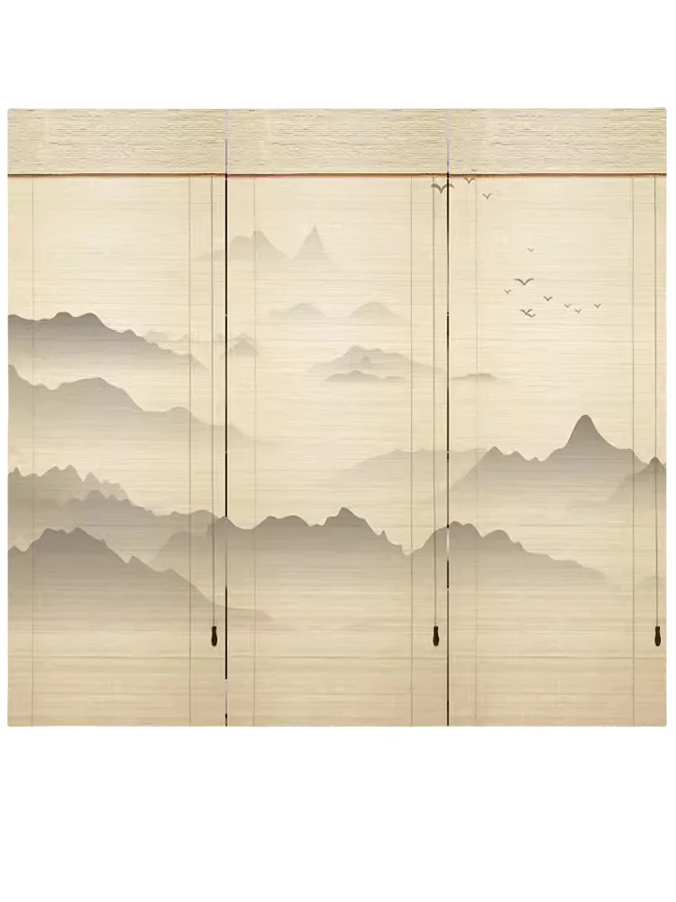 Custom Bamboo Shade with Printed Landscape Painting, Window Covering, Roller Blinds,Partitions, for Patio, Study Room, Tea House