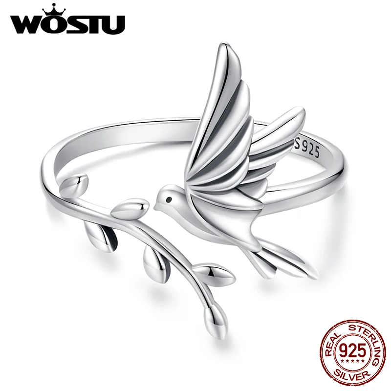 WOSTU 925 Sterling Silver Kingfisher Open Ring For Women, Bird & Branches Adjustable Rings Party  Party Jewelry Birthday gift