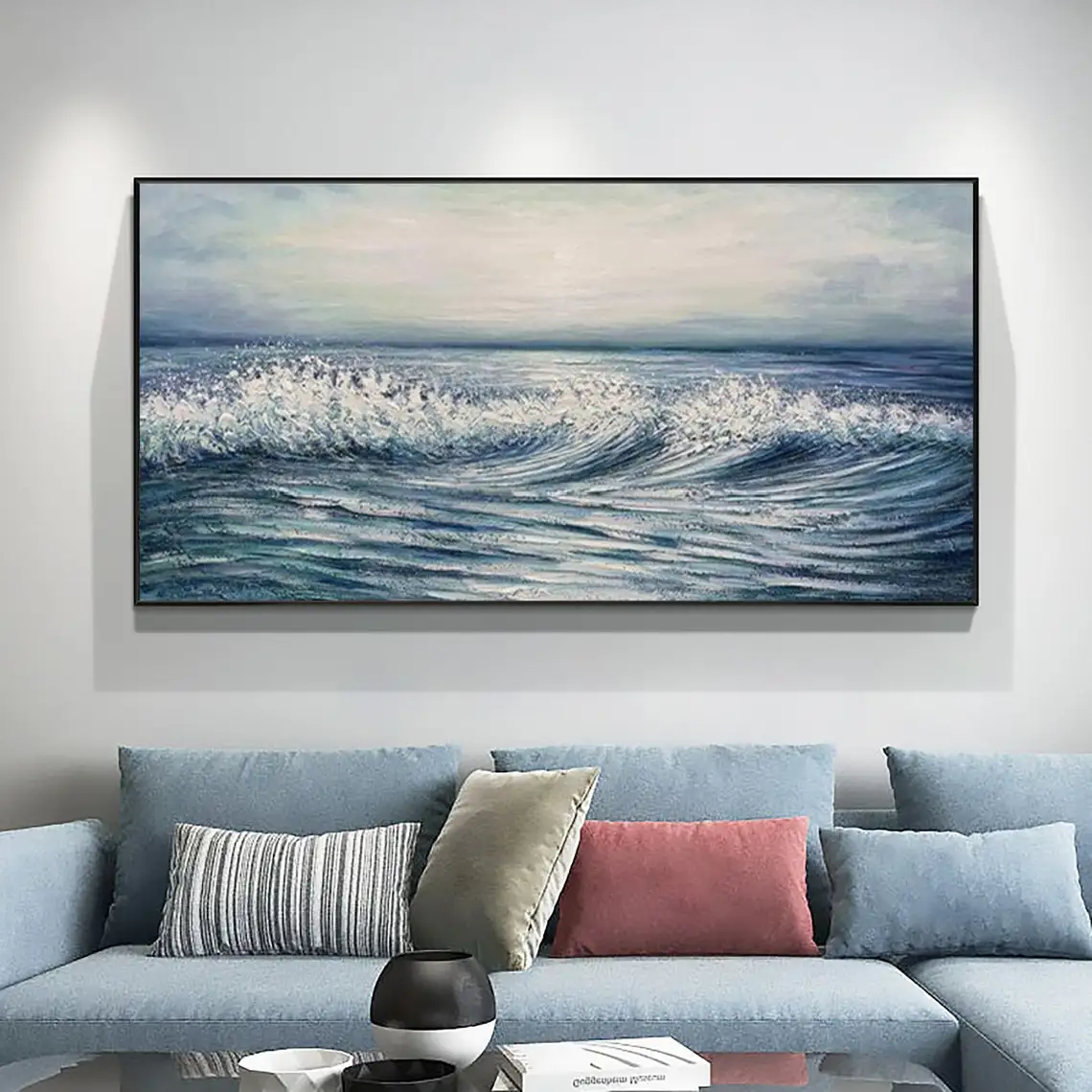 Large Heavy Textured Seascape Oil Painting On Canvas Abstract Blue Ocean Sky Wall Art Hand Painted Sea Wave Bedroom Home Decor