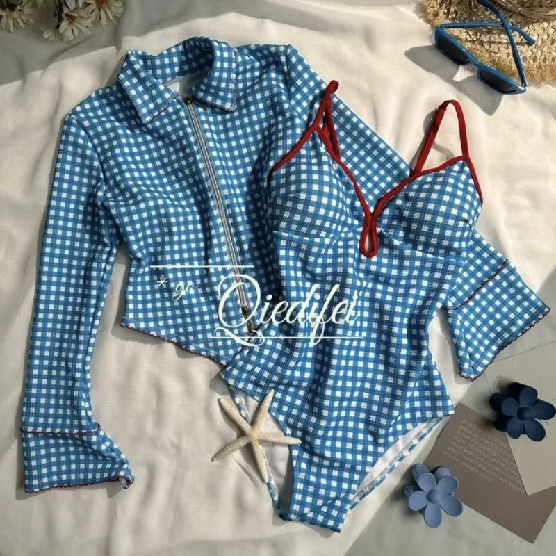 Korean Fashion Vintage Blue Plaid Women Swimsuit High Waisted Bikini Set with Long-sleeved Cover-ups Beach Bathing Suit Swimwear