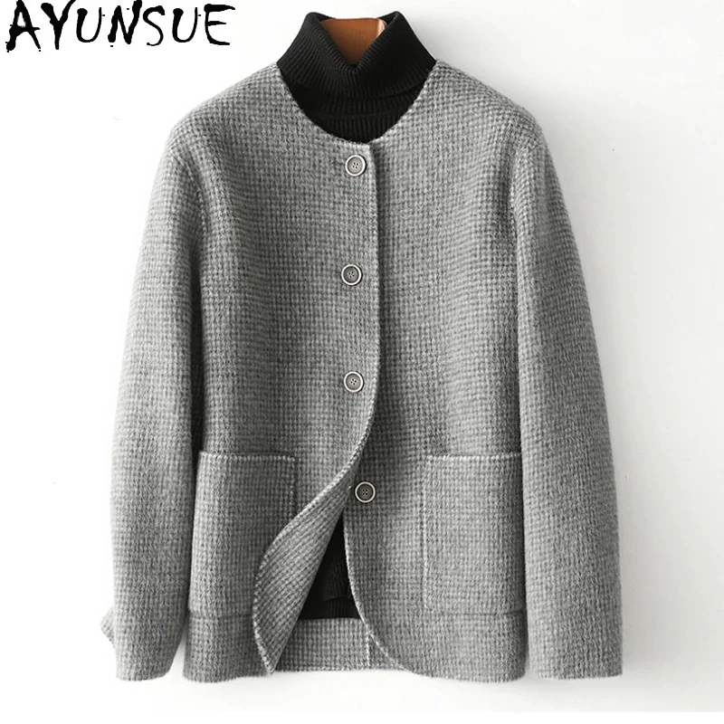 

New AYUNSUE Fashion 87% Wool Jackets for Women 2024 Fall Winter Short Alpaca Coat Plaid Double-sided en Coats Casacos