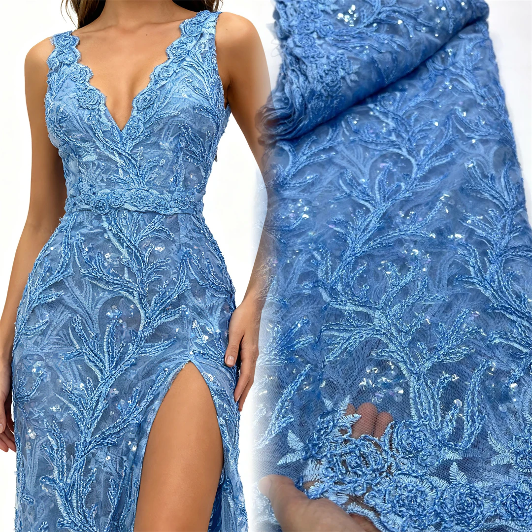 

Африканская кружевная ткань SKY BLUE, 2026, высокое качество, 5 ярдов, нигерийский французский тюль для жениха, кружевной материал для свадебного платья