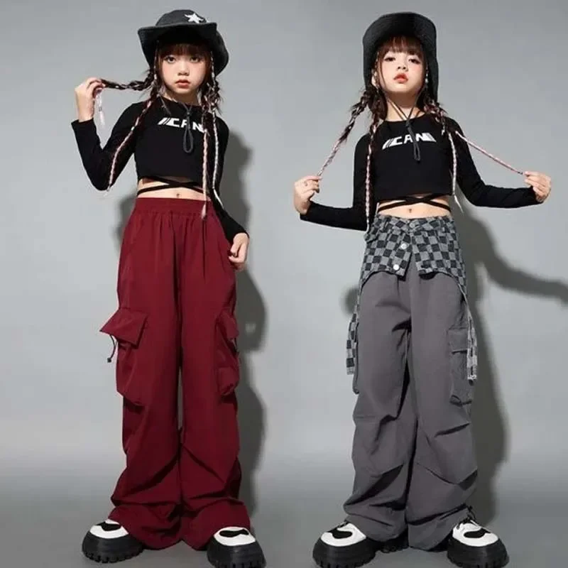 

Jazz Dance Wear Children Stage Clothing Kpop Hip Hop Dance Pants Black Crop Tops Red Shuffle Pants Street Dance Costume