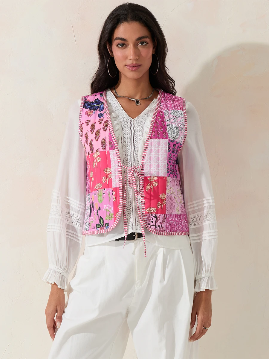 Women s Lightweight Sleeveless Puffer Vest Jacket with Floral Print and Tie Front Detail for Spring and Autumn