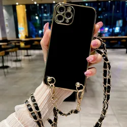 Strap Plating Case For Samsung Galaxy S24 S23 S22 S20 Plus S21 FE Note 20 Ultra Crossbody Lanyard Metal PU Leather Chain Cover