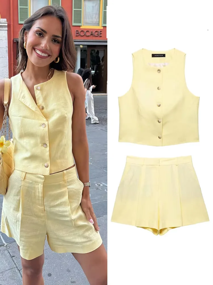 

HH Women's Summer New Fashion Line Single Breasted Vest Sleeveless Round Neck Top+Blended High Waist Casual Zipper Shorts