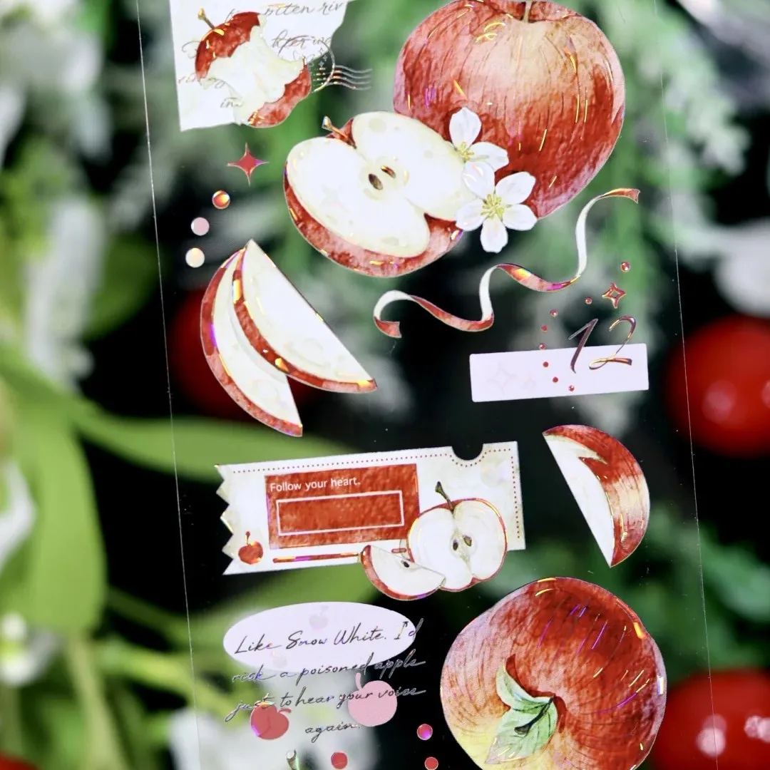 Wines Apple Rhyme Knowing Reality Shell Shine PET Washi Tape Watercolor Red Apple Pattern Decorative Tape