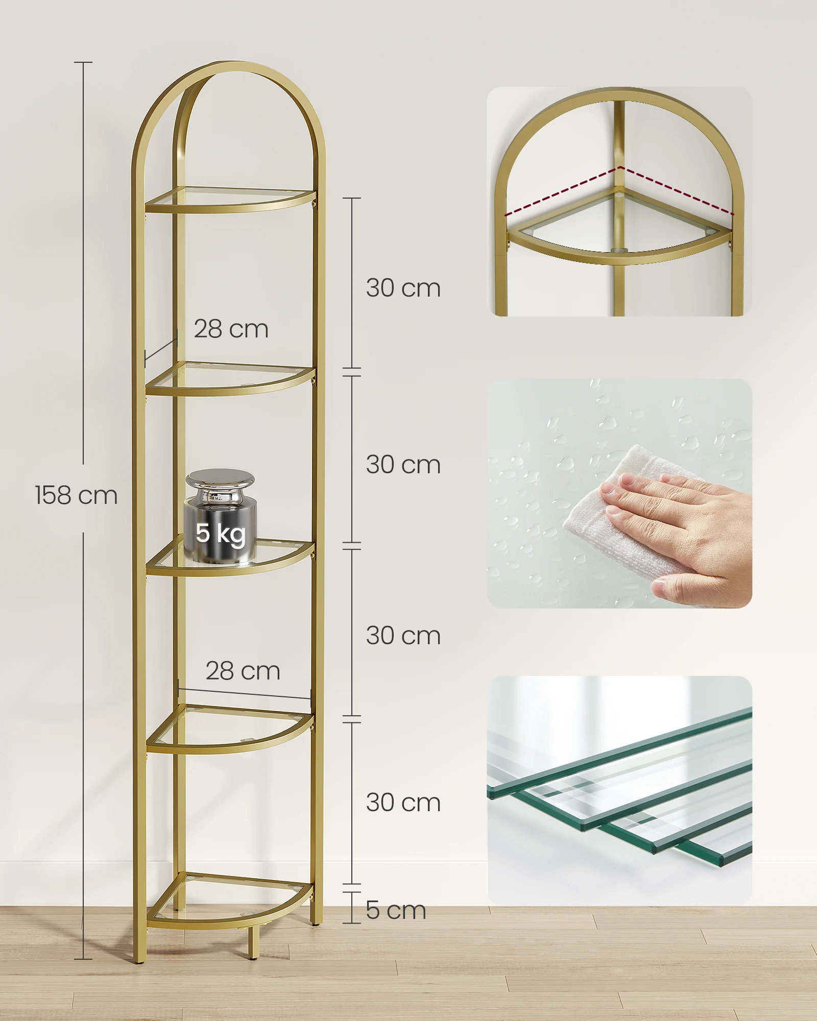 رف زاوية من الزجاج المقوى المعدني من 5 طوابق من VASAGLE