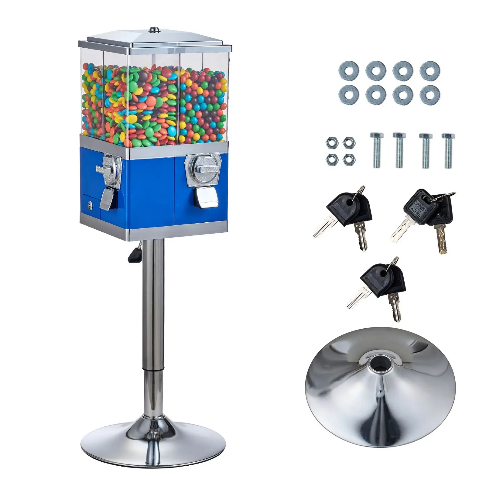 Commercial Vending Machine, Four Compartment Rotatable Gumball and Candy Dispenser, Adjustable Height Coin Operated Candy Bank