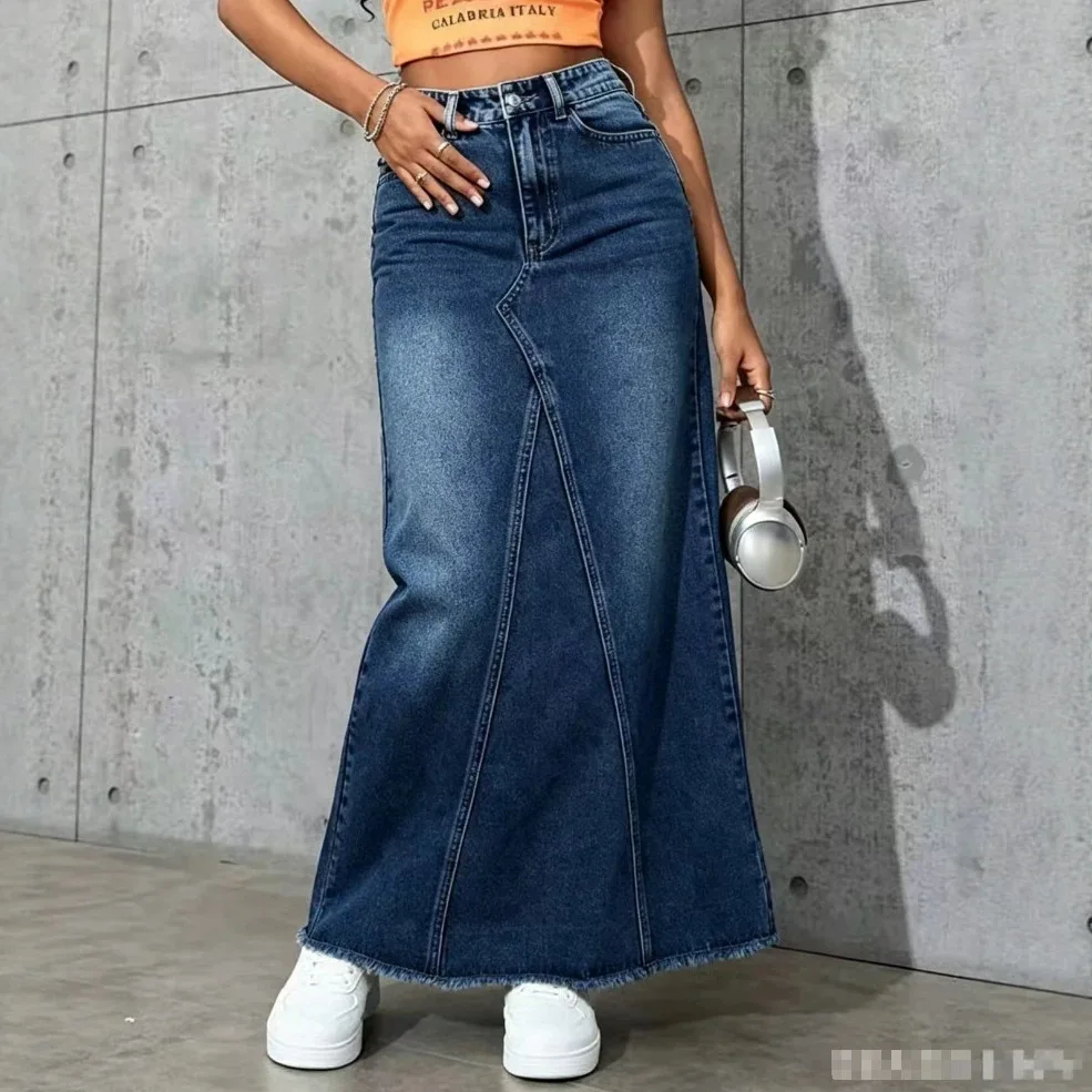 2026 Women's High-waisted Denim Long Skirt With Patchwork And Frayed. Edges A-line Floor-length Skirt Clothing Lace Luxury