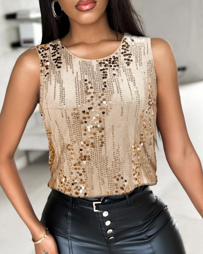 Top Women 2025 Spring Fashion Glitter Sequin Round Neck Sleeveless Blouses Shirts Casual Daily Sparkle Tank Top Y2K Clothes