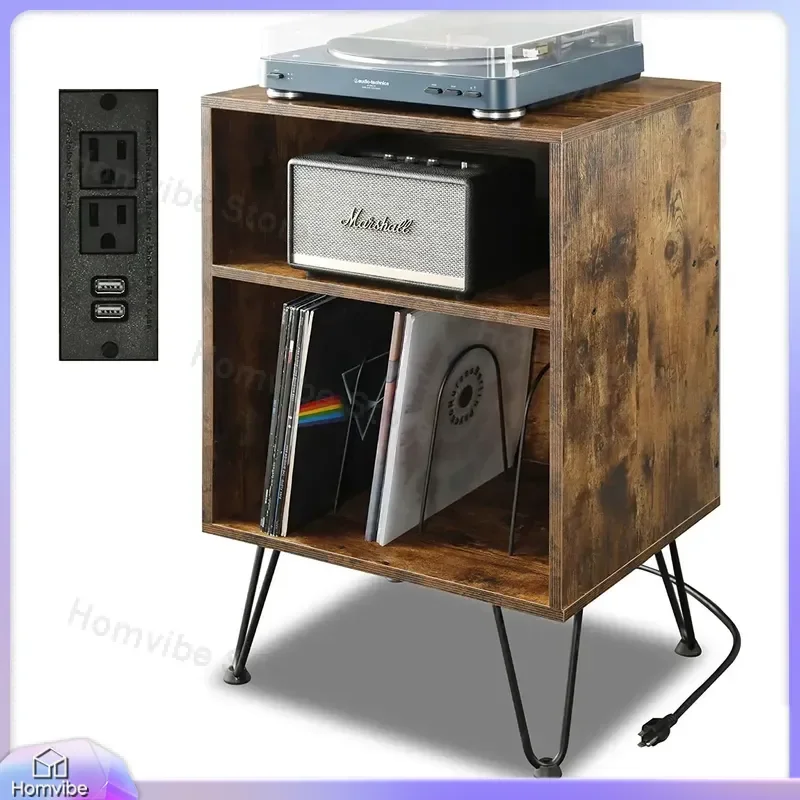 for Phonograph Stand with Charging Station USB Port Storage Cabinet Metal Leg Record Player CD Shelf Customizable