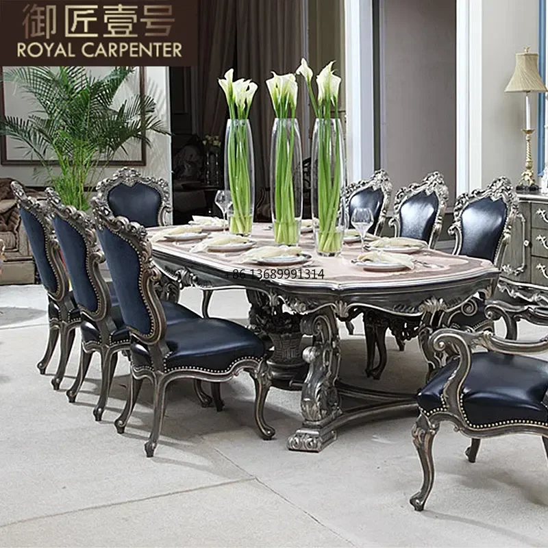 

Luxurious classical European villa restaurant furniture Solid wood carved oval dining table dining long chair