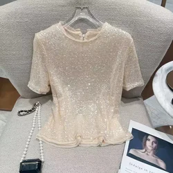 Summer New Round Neck Fashion Short Sleeve T-shirt Women High Street Casual Loose Sequined Pullovers Zipper Patchwork Chic Tops