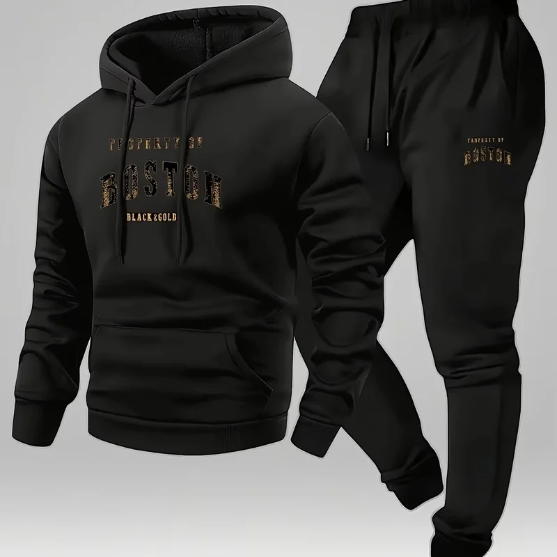 Mens 2026 soft comfortable Boston print hooded sweatshirt sweatpants set eco-friendly thin velvet warm autumn winter hoodies view 5