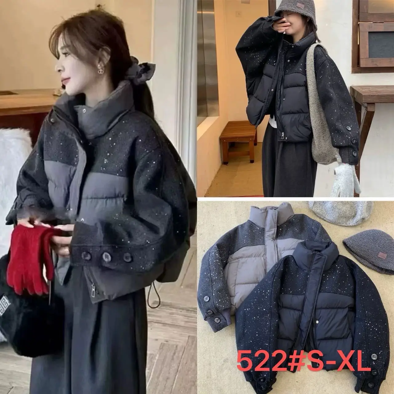 Short Coats Parkas Women Stand Collar Zipper Jackets Sequins Thick Warm Y2k Streetwear Elegant Jacket Work Autumn Winter 2025