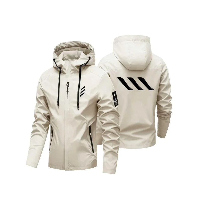Men Striped Print Hooded Jacket  Windproof Full Zip Coat  Outdoor Casual Sports Outerwear