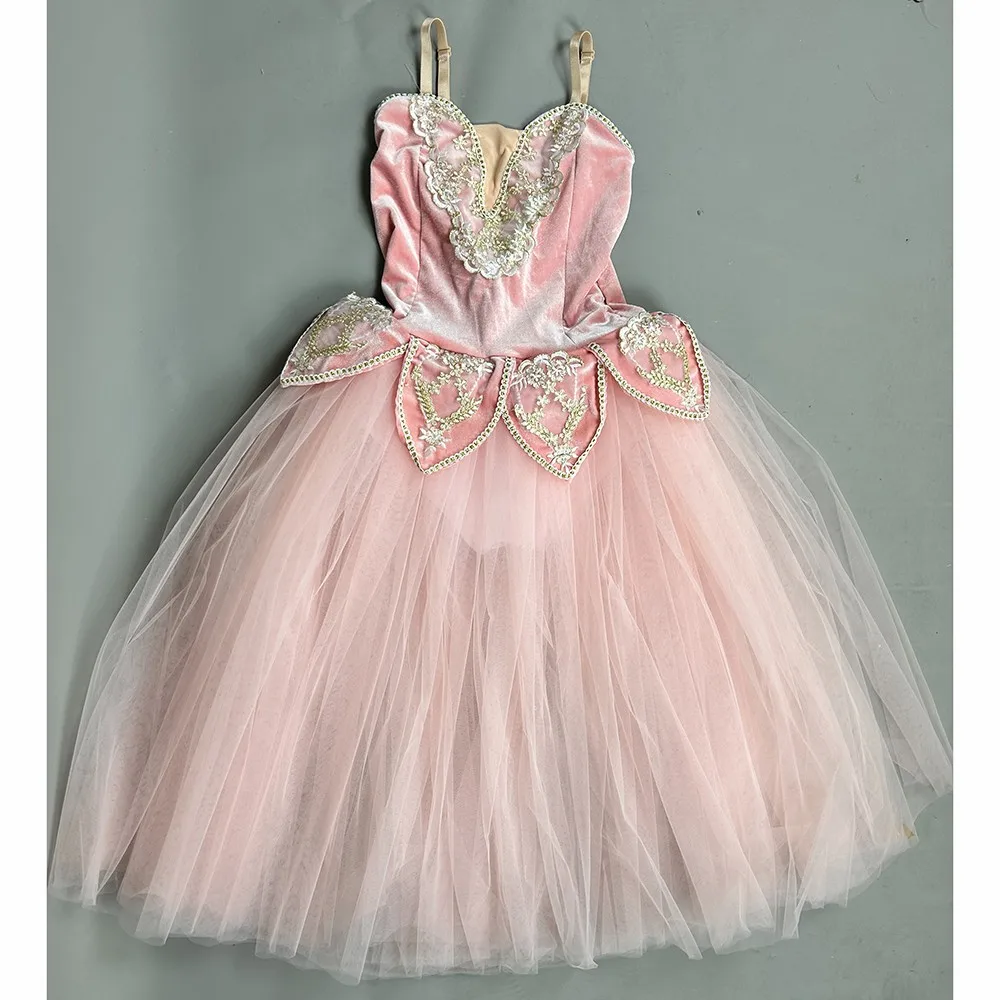 Vestido longo rosa para meninas, vestido de bailarina infantil, tutu romântico, trajes de dança cisne, top infantil com velet