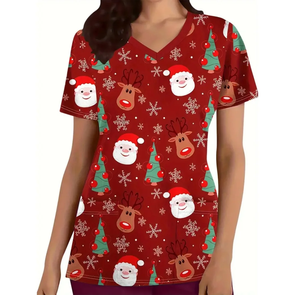 Uniforme de gommage de noël pour femme, motif de bonhomme de neige de dessin animé, haut d'infirmière de dentiste, confortable à manches courtes avec poche, uniforme d'infirmière pour femme