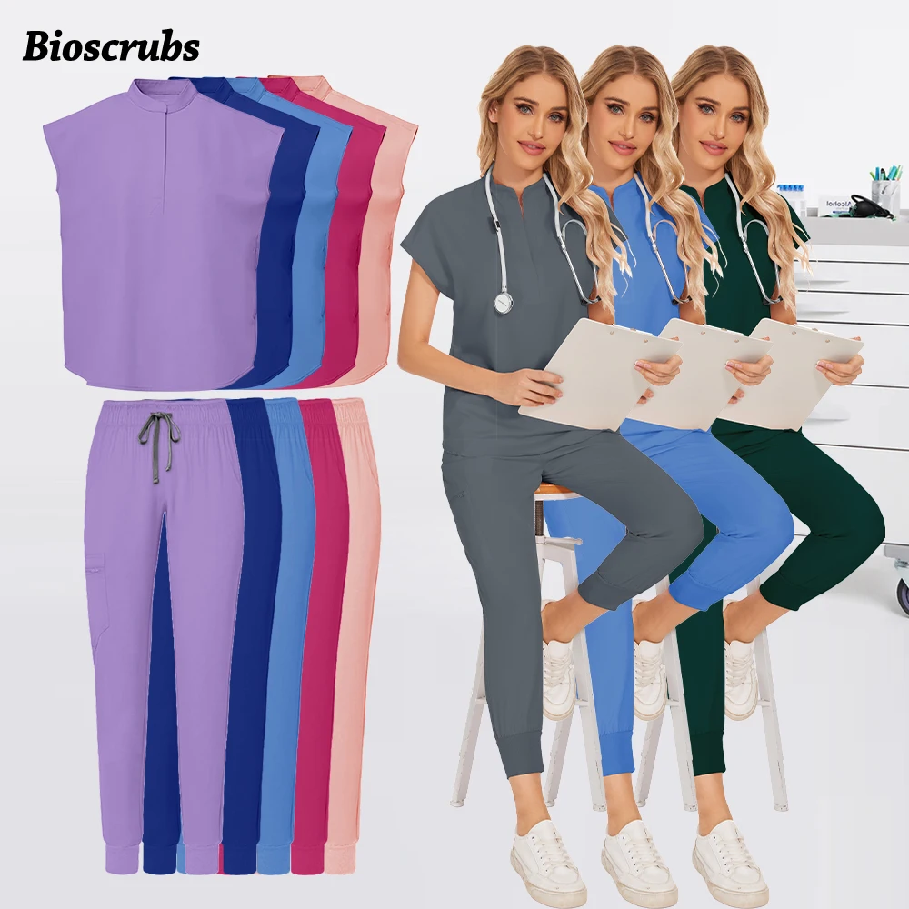 手術服女性ポケットブラウスジョガーパンツ医療スクラブセット美容作業服臨床スクラブトップ + パンツ歯科医の制服