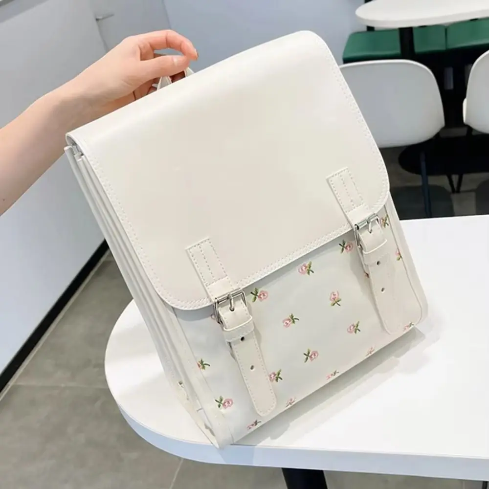 

Handbag Fashion Flap Backpack Large-Capacity Aesthetic PU Leather Flip School Bag Square College Style Flower School Bagpack