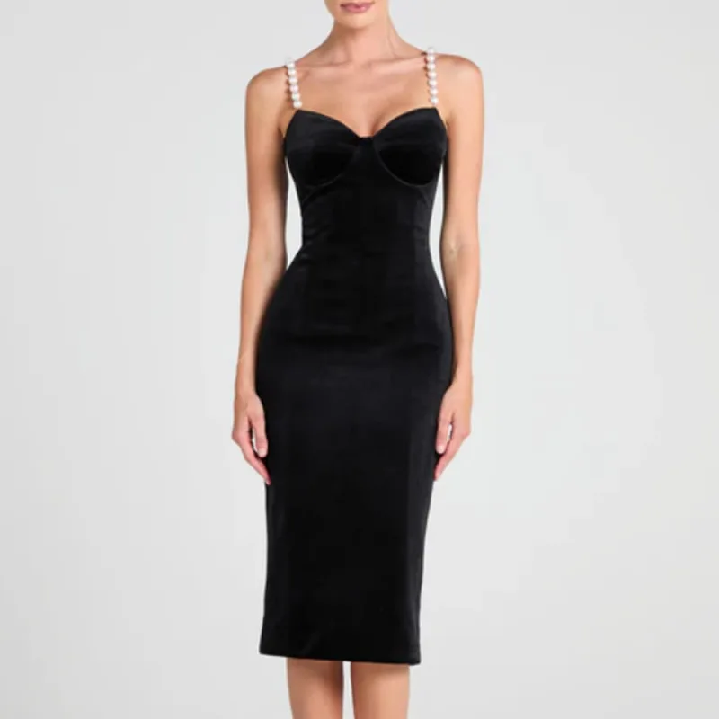 

Elegant Sexy Black Dresses Luxury Beaded Women Velvet Dress