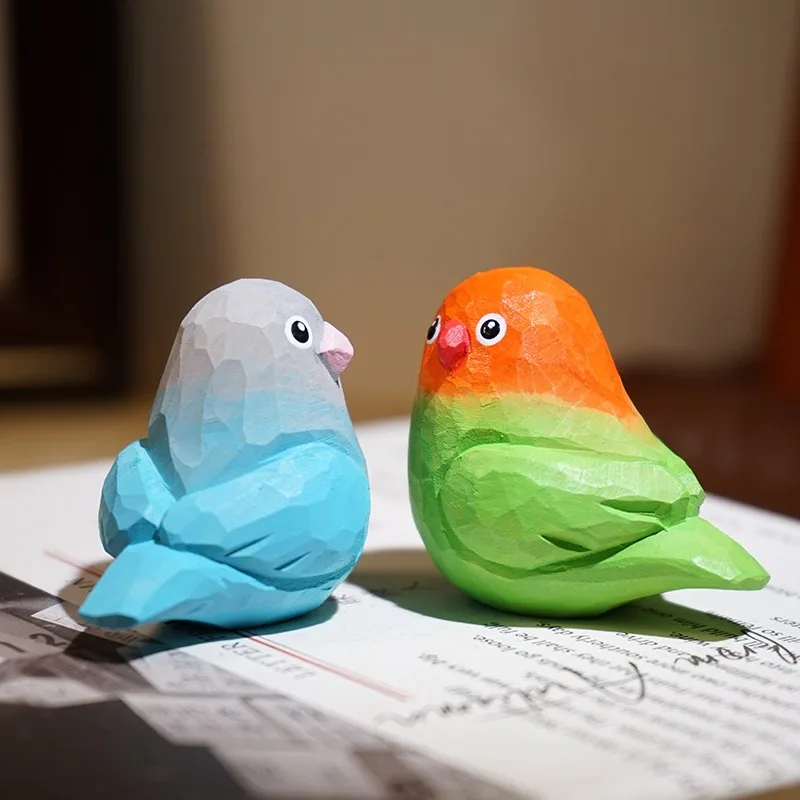 Sweetheart Parakeet Pair Hand Carved Wood Sculpture Charming Avian Couple Figurines Desk TV Bookcase Romantic Parrot Decoration