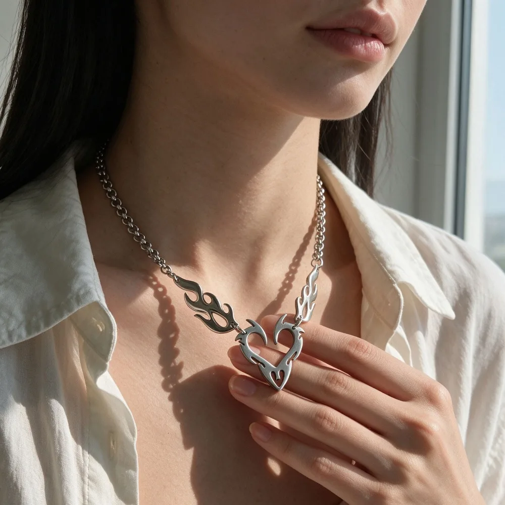 Punk Bramble Flame Hollow Peach Heart Pendant Necklace Hip Hop Flame Collarbone Chain for Men
