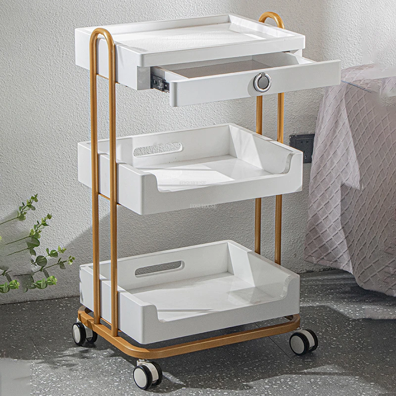 New Beauty Salon Trolleys Light Luxury Salon Furniture Beauty Salon Storage Drawer Rack Home Simple Snack Trolley with Wheels