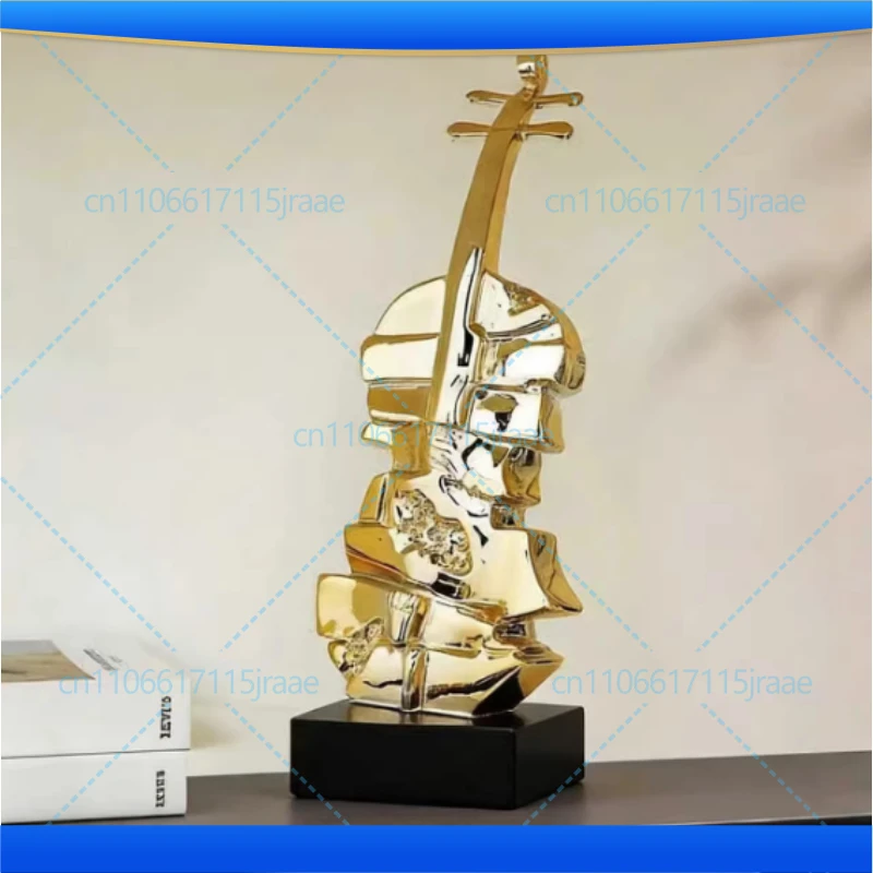 Creative Golden Violin Sculpture Artwork Desk Decoration Ornaments Resin Crafts Stacked Violin Statue Room Aesthetic Decor