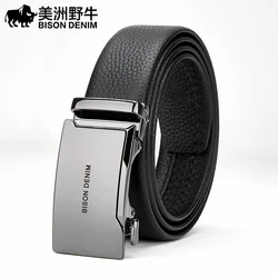 BISON DENIM Men Belts Automatic Alloy Buckle Belt Fashion Cow Genuine Leather Genuine Leather Belts for Men Luxury Brand N71802