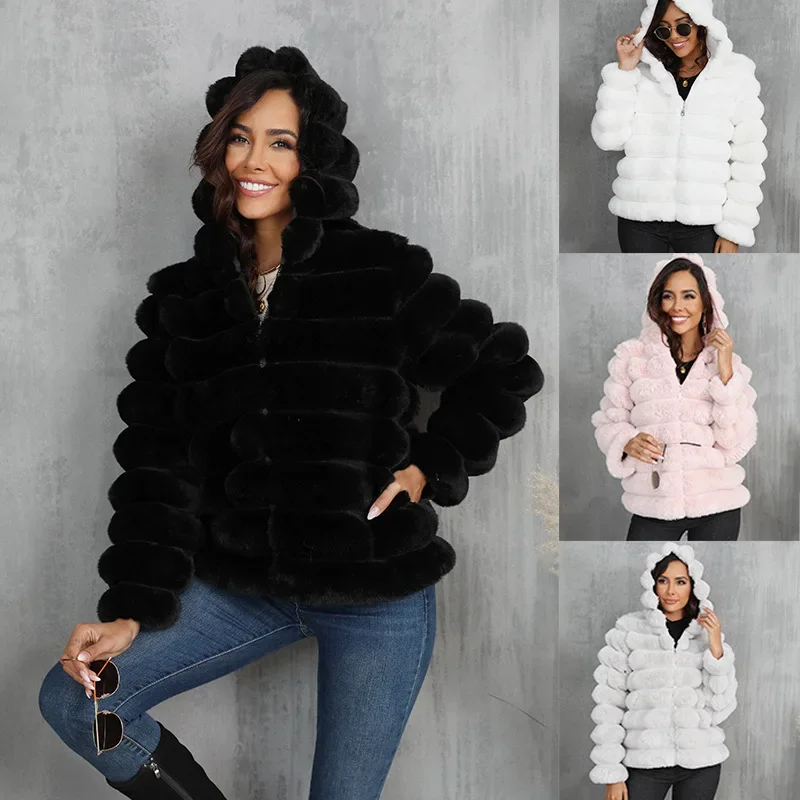 Faux Fur Women Coats Hooded Full Sleeve Short Coat Zipper Thick Warm Solid Temperament Elegant Splice Autumn Winter 2024