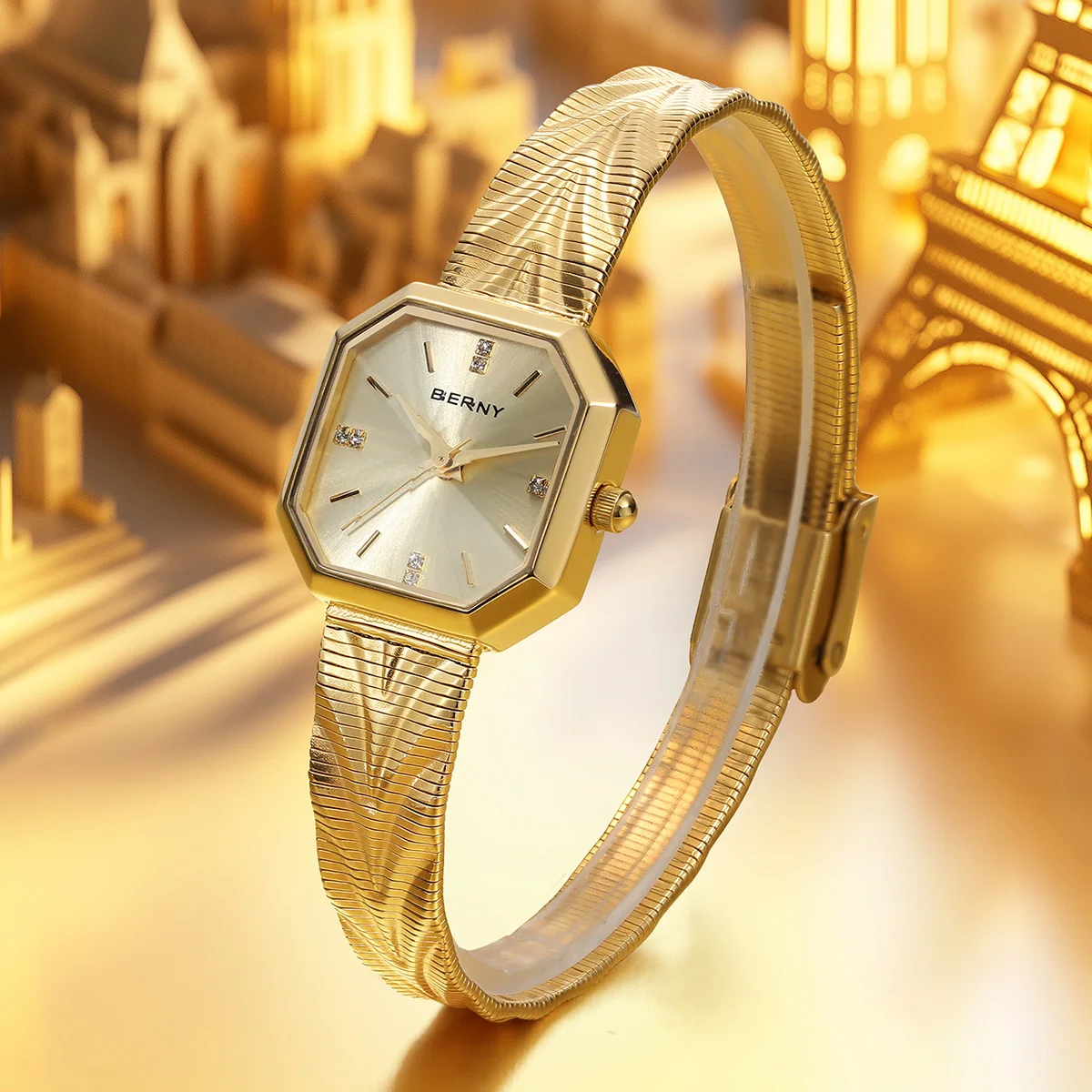BERNY Gold Watch For Women Octagonal Ladies Quartz Wristwatches Stainless Steel Women Small Gold Watch Luxury Fashion Watches