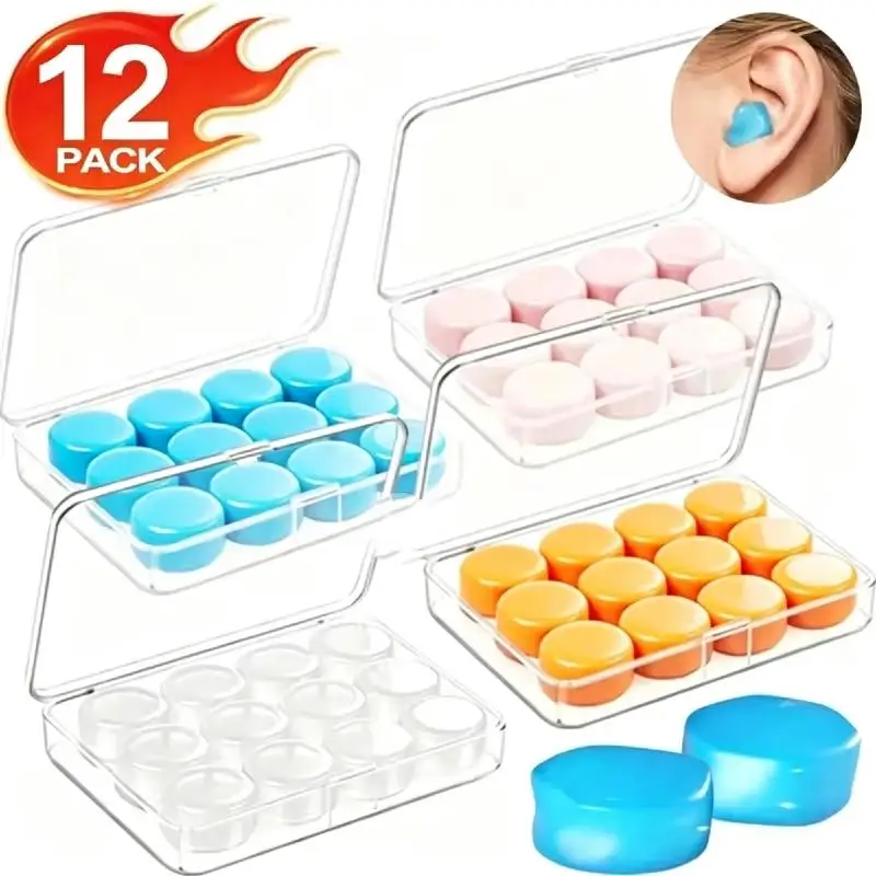 12Pcs/box Reusable Earplugs Silicone Ear Plugs For Sleeping Swimming Traveling Studying Noise Reduction Flexible Ear Plugs