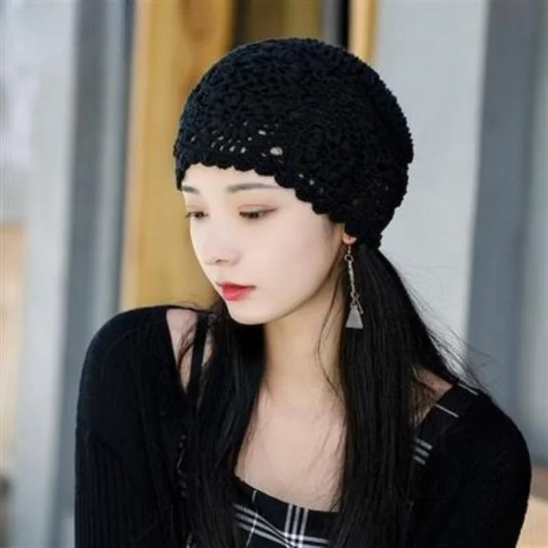 Handmade Hook Spring and Summer New Flower Pot Hats Fashion Knitted Hollow Breathable Ladies Cap Women Beanies Gorro Mujer