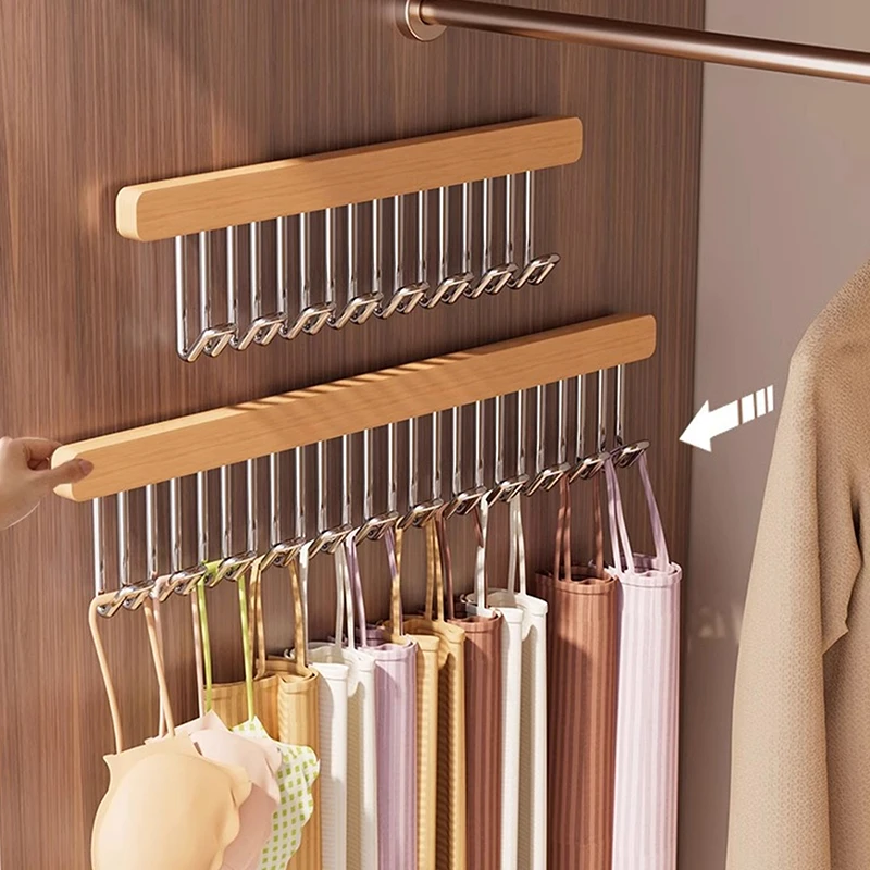新しい木製壁掛け伸縮乾燥ラック付きステンレス鋼フック引き出し式省スペース下着タンクトップオーガナイザー