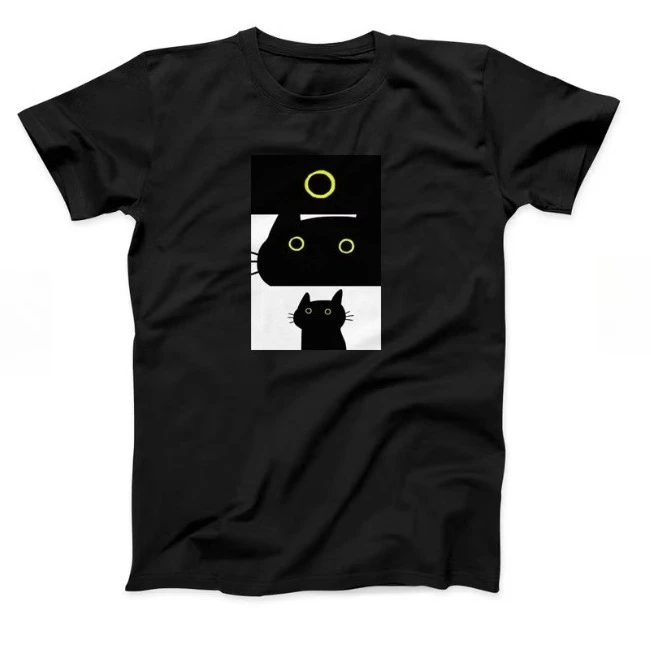 Cute Abstract Black Cat T Shirt Minimalist Block Cat Design Short-sleeved Tee Aesthetic Casual Versatile Top for Women/Girls