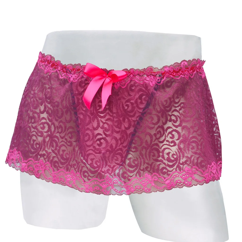 الرجال المثيرة سراويل سيسي منخفضة الخصر T الظهر ثونغ أوم مثير الملابس الداخلية Bowknot الدانتيل التنانير الشفافة حافة كروسدرينج الملاكمين #2