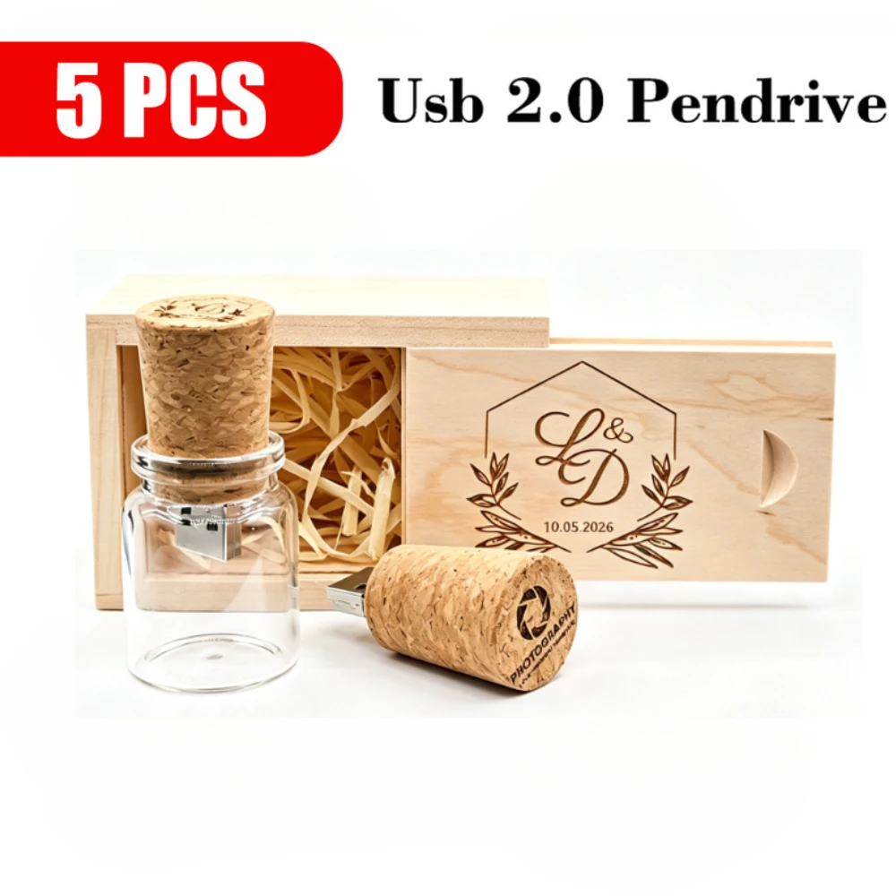 5 pcs Free Custom Logo USB Flash Drive Wedding Gift Memory Stick 64GB Drifting Bottle Pen Drive 32GB Wooden USB Stick 16G U Disk