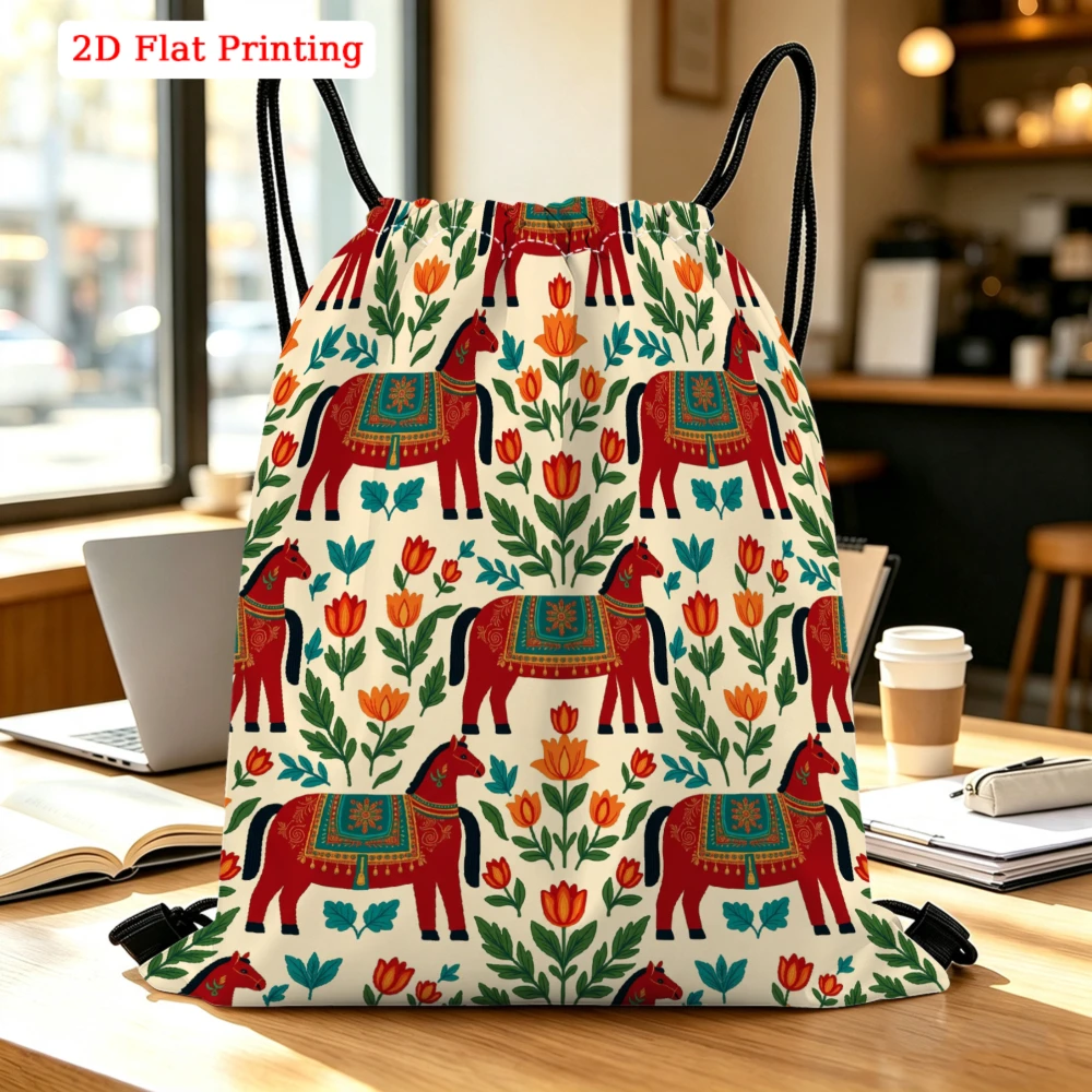 Red Horses Floral Pattern Print Drawstring Backpack, Travel Shoe Bag, Fitness Sports Backpack, Travel Outdoor Drawstring Bag