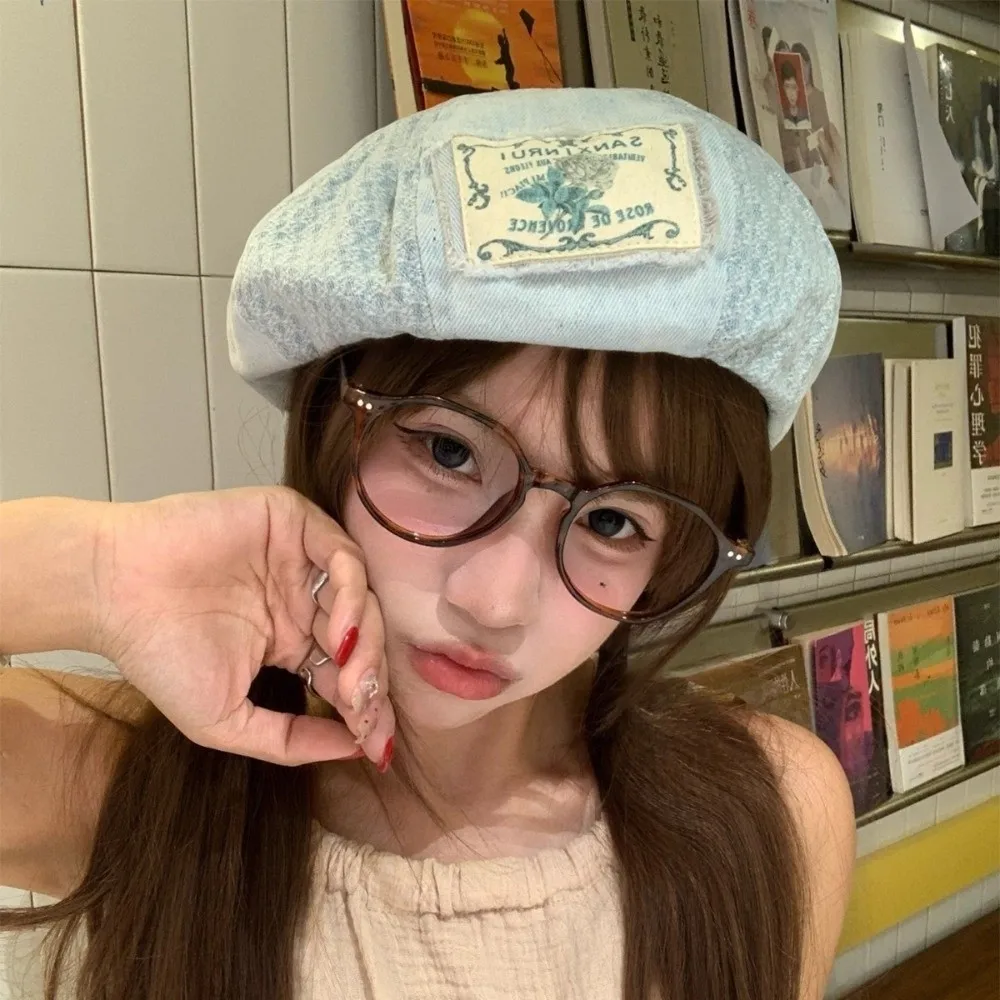 

Fashion Korean Patch Splicing Beret Vintage Cloth Denim Berets Y2k Versatile Painter Cap Girls