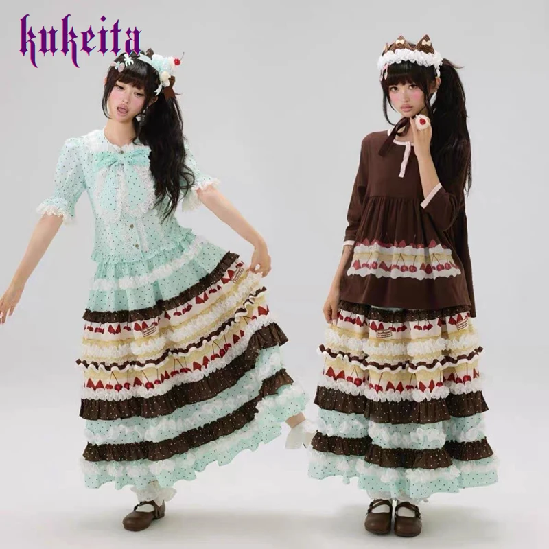 Kukeita Harajuku Lolita Cake Skirt Women Y2K Kawaii Sweet Polka Dot Strawberry Cherry Print Multi-Layer Ruffle Long Maxi Skirts