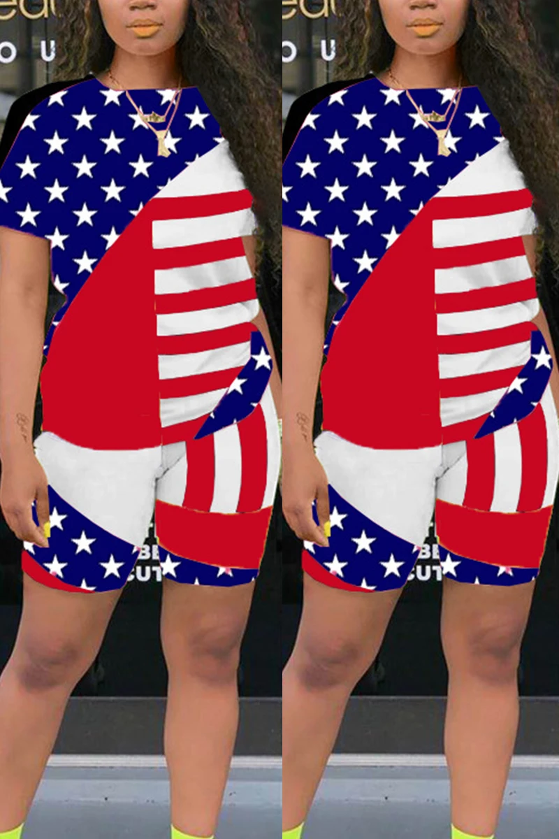 Minimalist Flag Stripe Series Pattern Summer Short sleeved Shorts Women's Set One Piece Hair CollectionME13+WS4