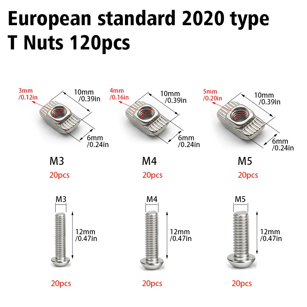 120-Pcs T-Slot Nuts  Hex Bolt Set for 2020 Aluminum Profiles, Suitable for All Series Industrial Aluminum Extrusions