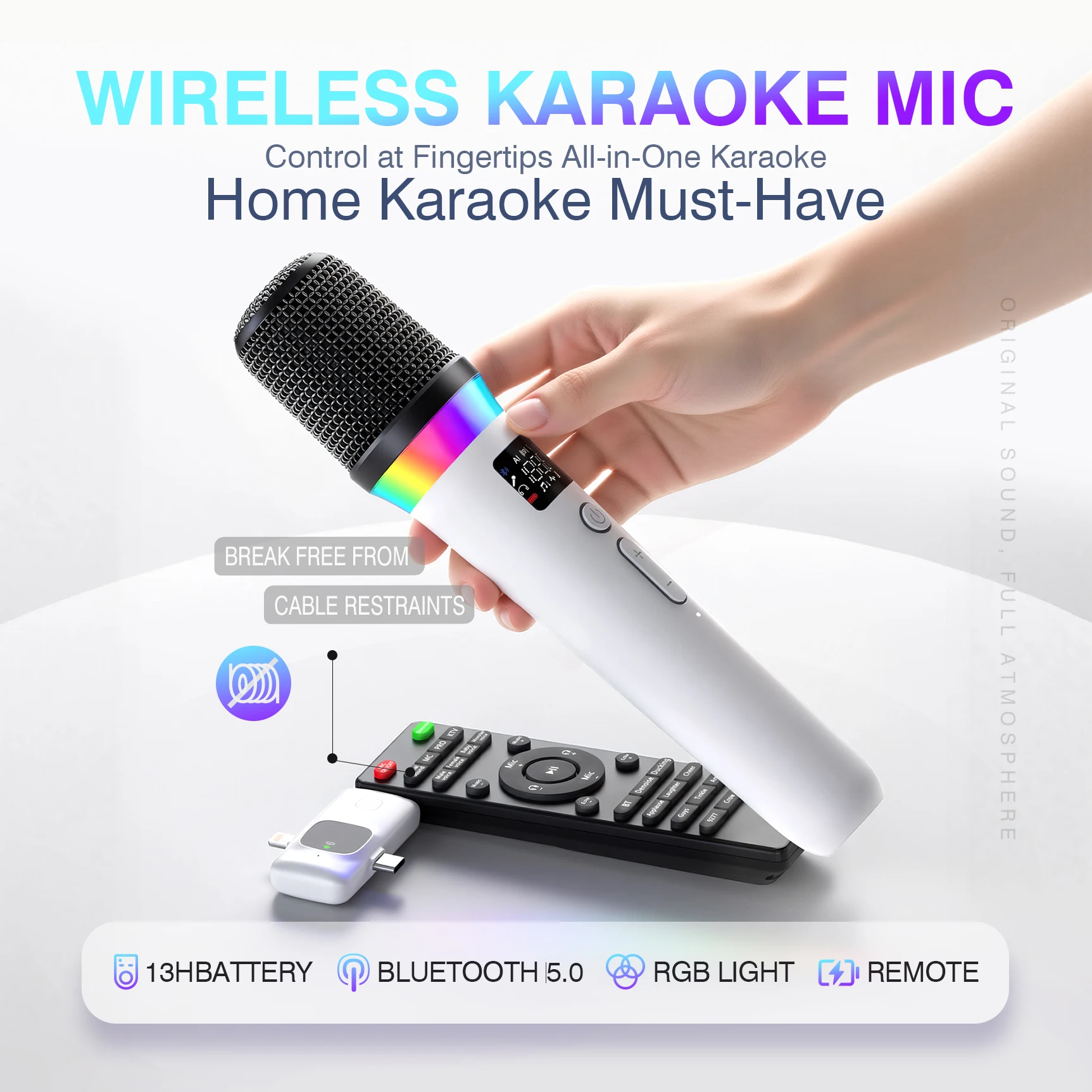 MC10 Wireless Karaoke Mic – Bluetooth 5.0, 13H Battery, RGB Light, Remote Control, Moving Coil Pickup with DSP Noise Reduction