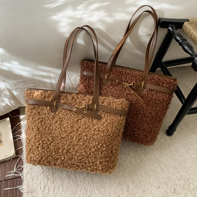 

Coffee Lamb Woolen Handbag Designer Faux Fur Shoulder Bag Brown bolsa feminina Large Capacity Top Handle Tote Big Shopper Bags