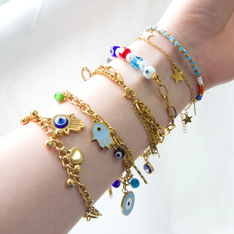 Luxus Stahl Edelstahl blau bösen Blick Kristall Anhänger Armband für Frauen kubanische Glieder kette Armband bling Modeschmuck Geschenk