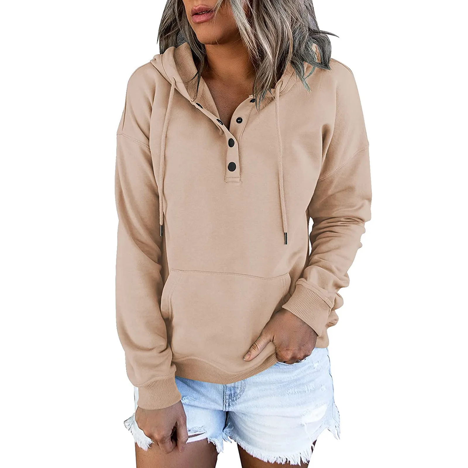 

Womens Hoodies Drawstrings Pockets Long Sleeve Hooded Sweatshirts Pullovers Solid Color Streetwear Vintage Sudadera Mujer Female